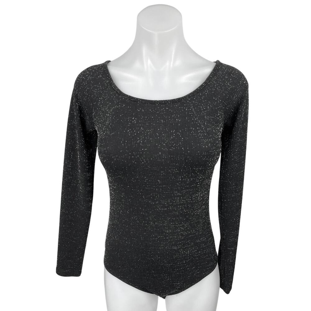 NEW Aqua Black Metallic Glitter Shimmer Long Sleeve One Piece Bodysuit Top Sz M
